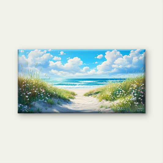 Beach Pathway with Wildflowers Wall Art Canvas Office Home Room Framed 80x45cm
