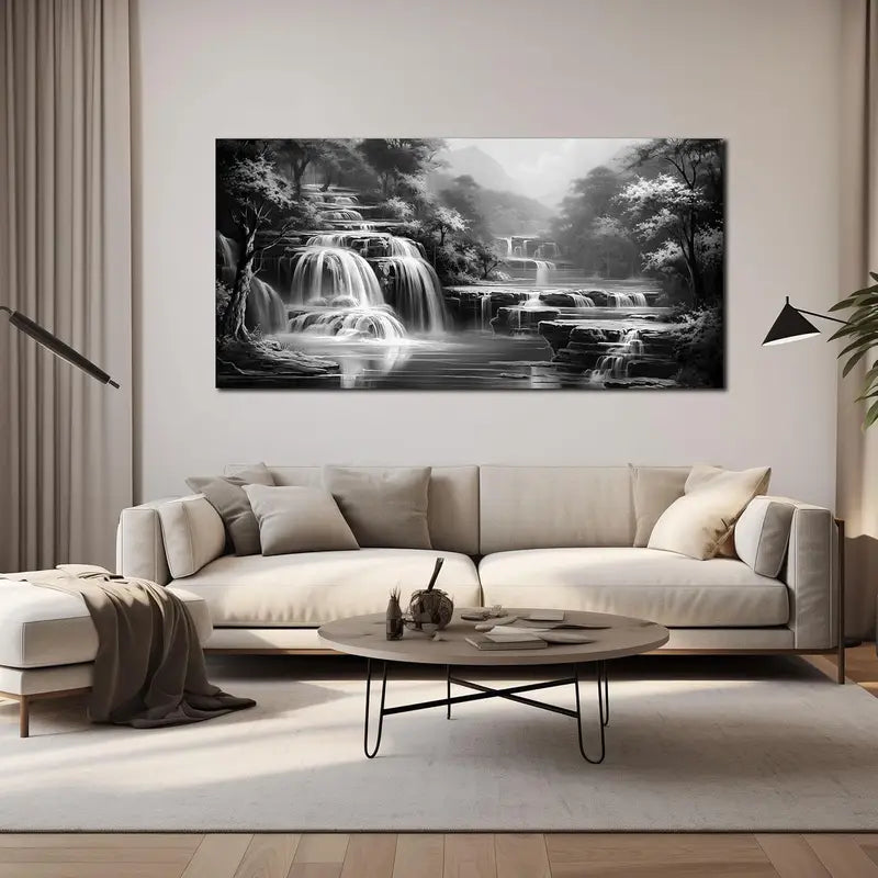 Black and White Serene Waterfall Nature Scene Wall Art canvas office home room framed 120x60cm