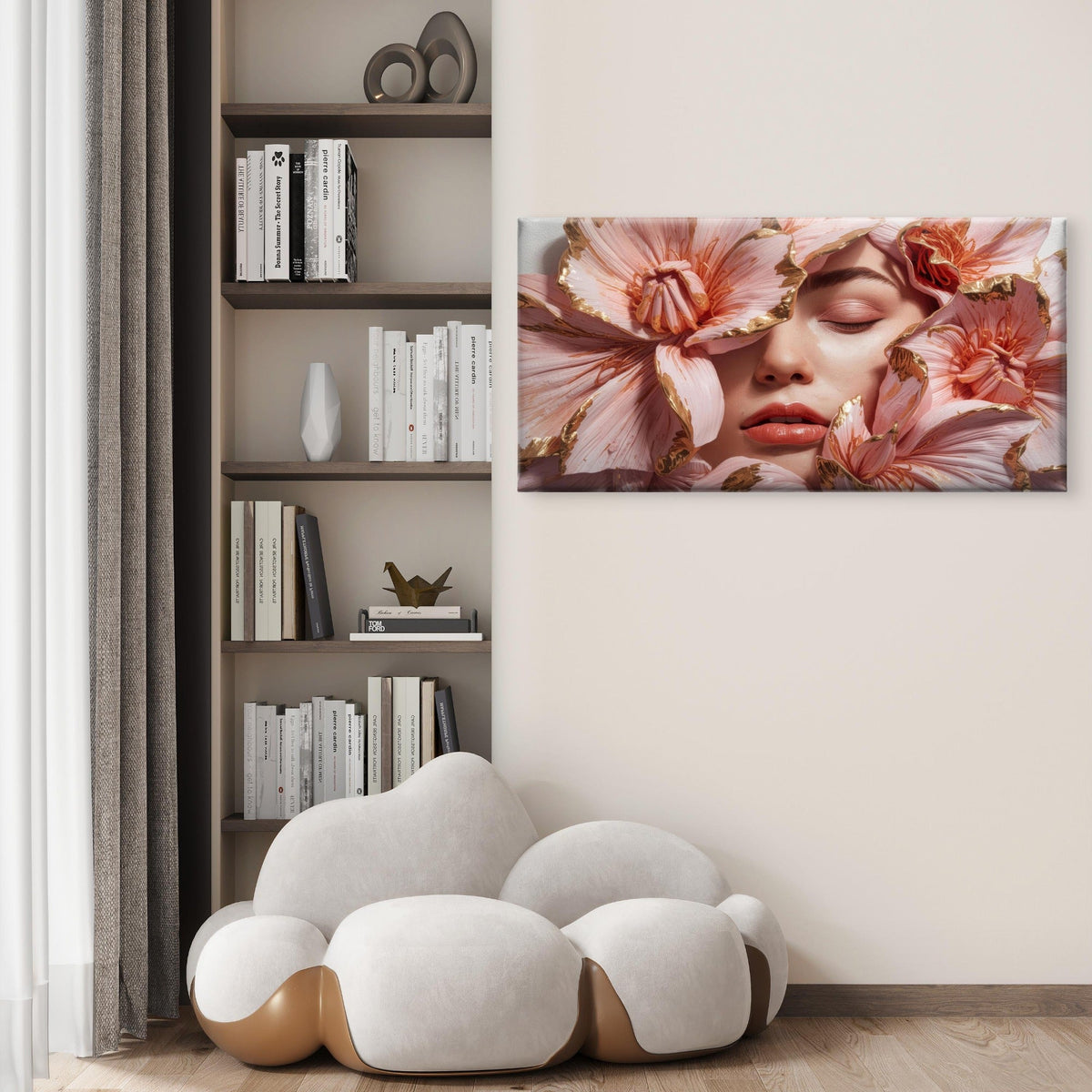 Woman Pink Flower Gold Foil Wall Art Canvas Office Home Room Framed 120x60cm