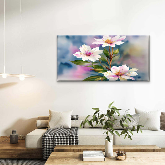Pink Watercolor Spring Flowers Watercolor Paint Background Floral Wall Art Canvas Office Home Room Framed 80x45cm