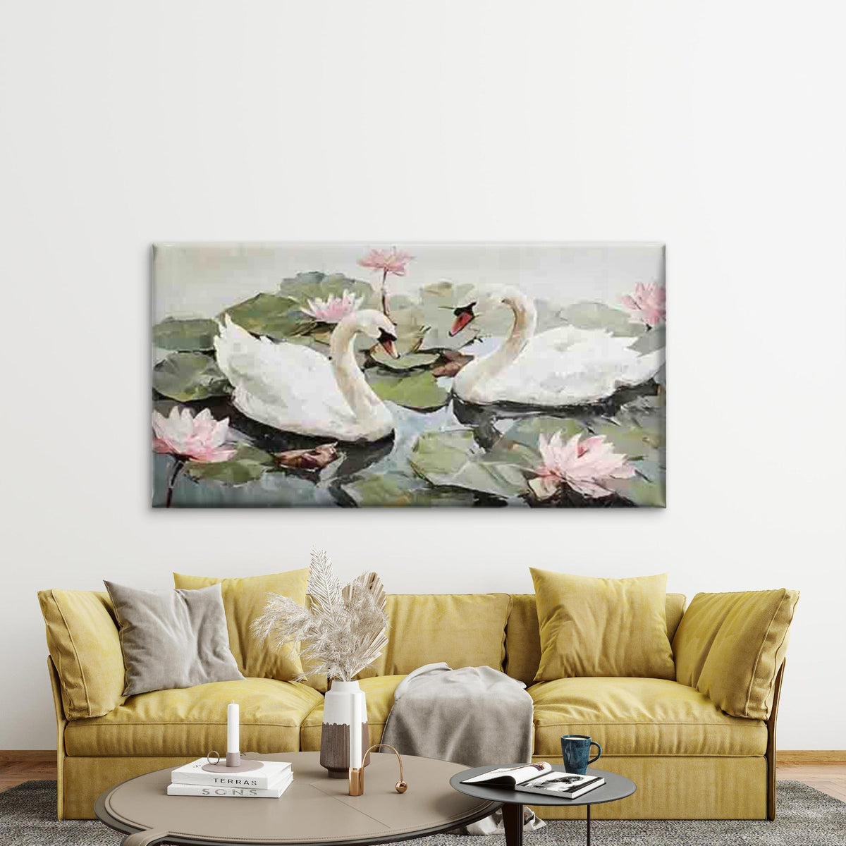 Lotus Swan Vintage-Style Wall Art Canvas Office Home Room Framed 120x60cm