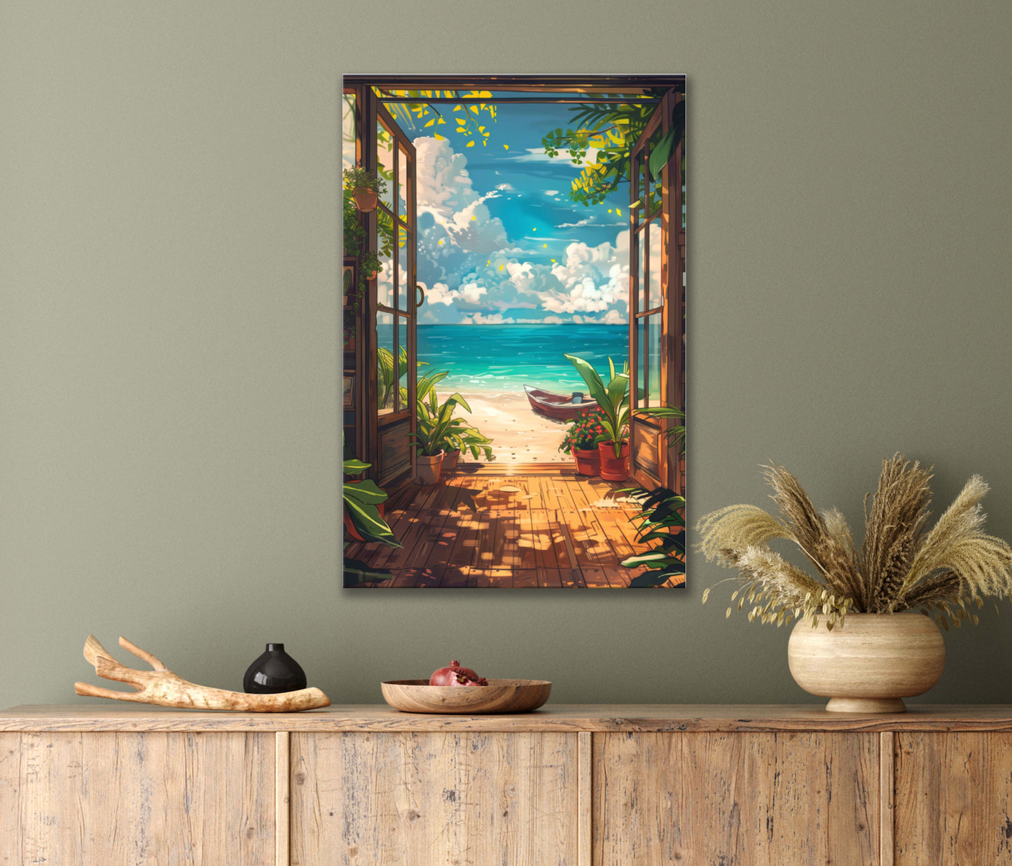 Window With a Peaceful View of Summer Ocean and Boat Print 100% Australian Made 40x60cm Stretched Canvas Ready to Hang