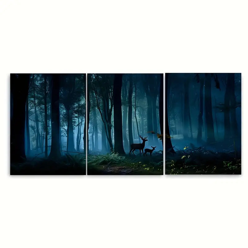 3pcs Forest Night Deer Tall Trees Metal Print Ready to Hang Art