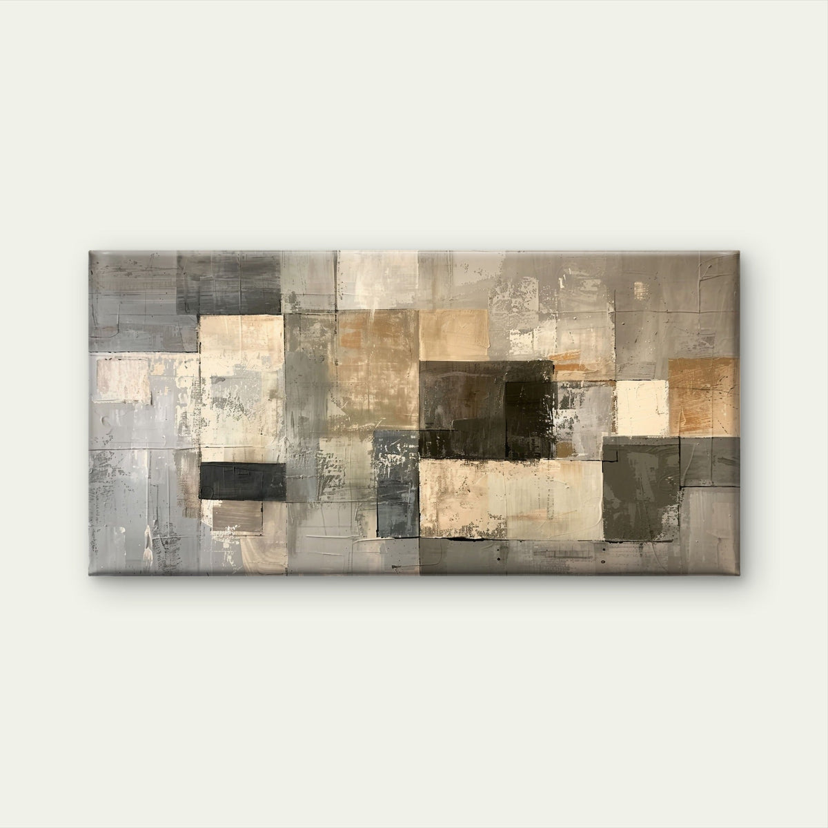Neutral Grey Beige Geometric Mosaic Block Abstract Wall Art Canvas Office Home Framed 120x60cm