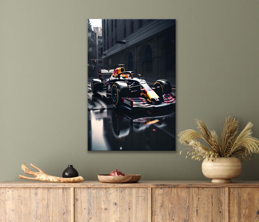 Red Racing Car Zooms Down the Wet Street, Spraying Water Print 100% Australian Made 40x60cm Stretched Canvas Ready to Hang