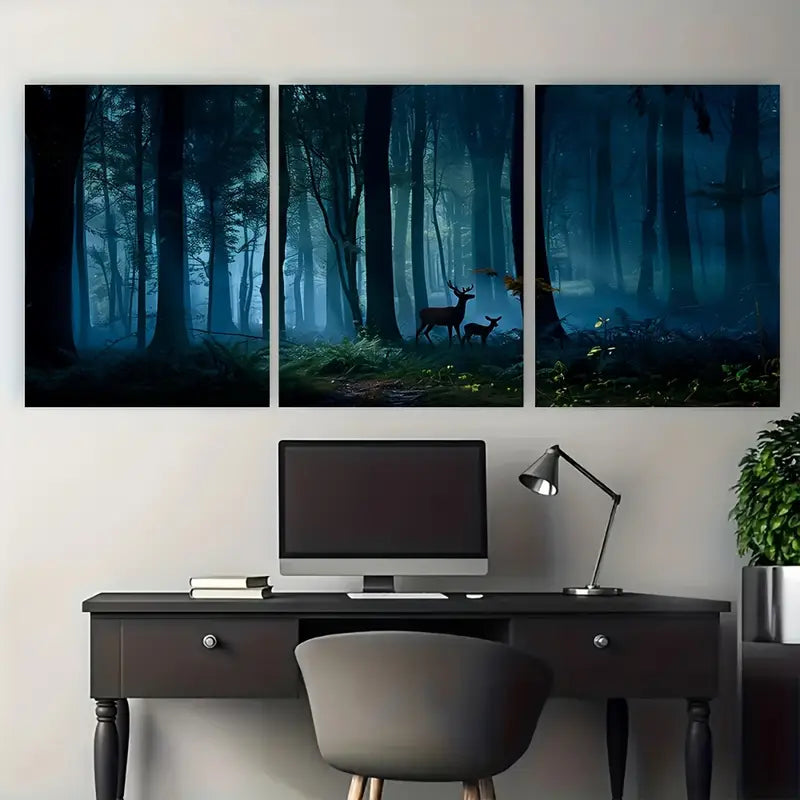 3pcs Forest Night Deer Tall Trees Metal Print Ready to Hang Art