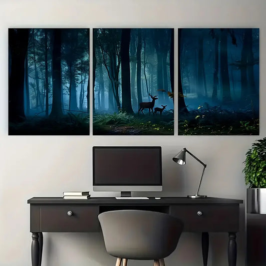 3pcs Forest Night Deer Tall Trees Metal Print Ready to Hang Art