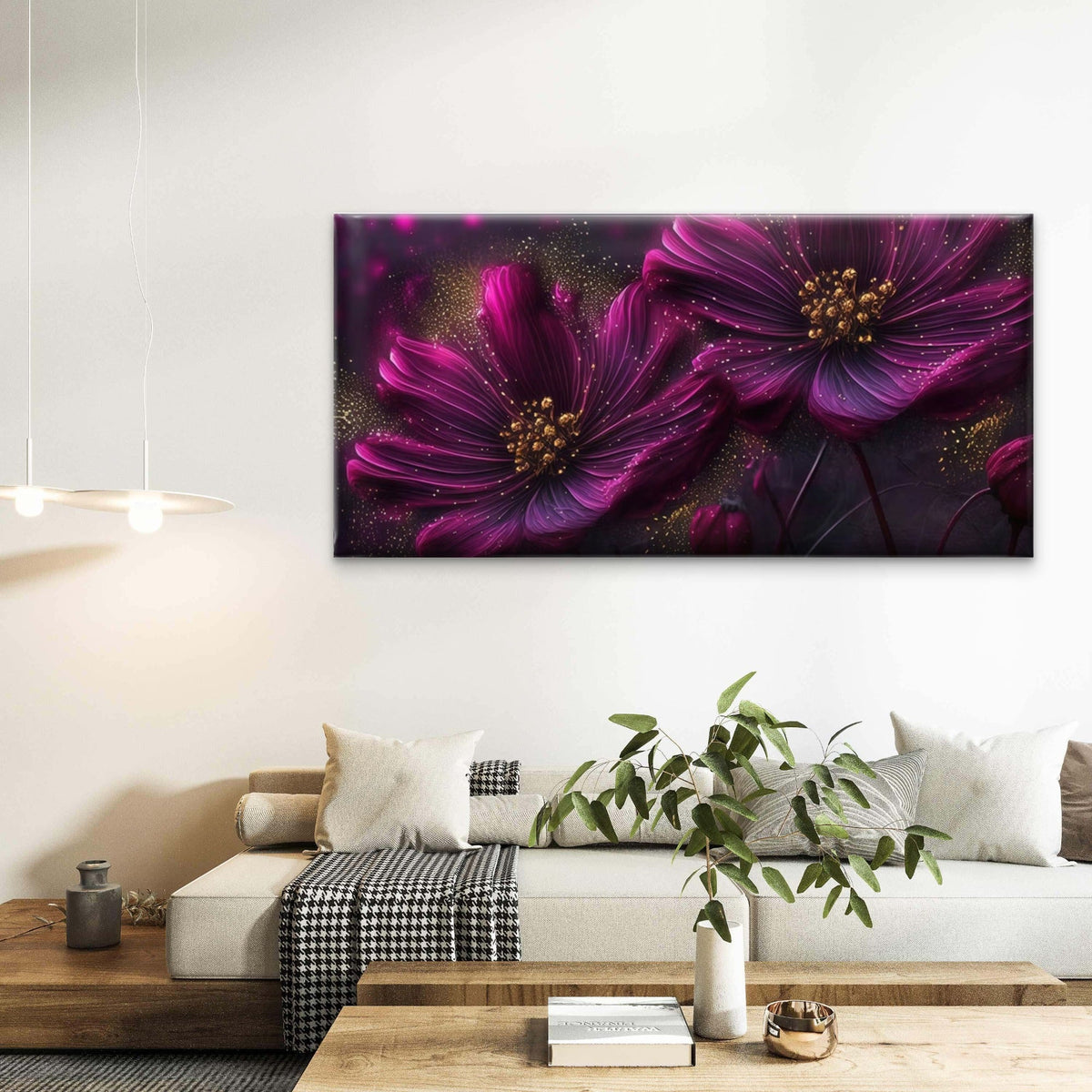 Purple & Golden Cosmos Flowers Wall Art Canvas Office Home Room Framed 80x45cm