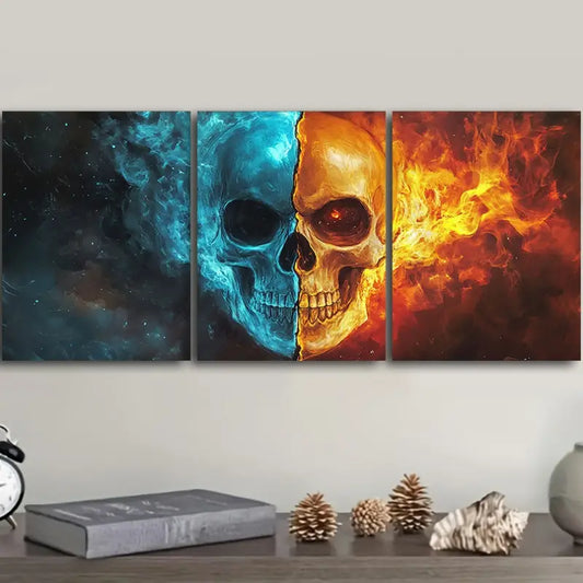 3pcs Fire skull and an ice skeleton head Metal Print Ready to Hang Art