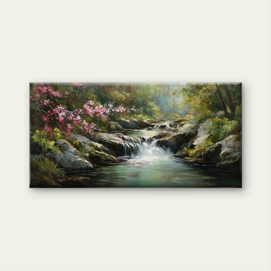 Waterfall & Pink Cherry Blossom Wall Art Canvas Office Home Room Framed 80x45cm