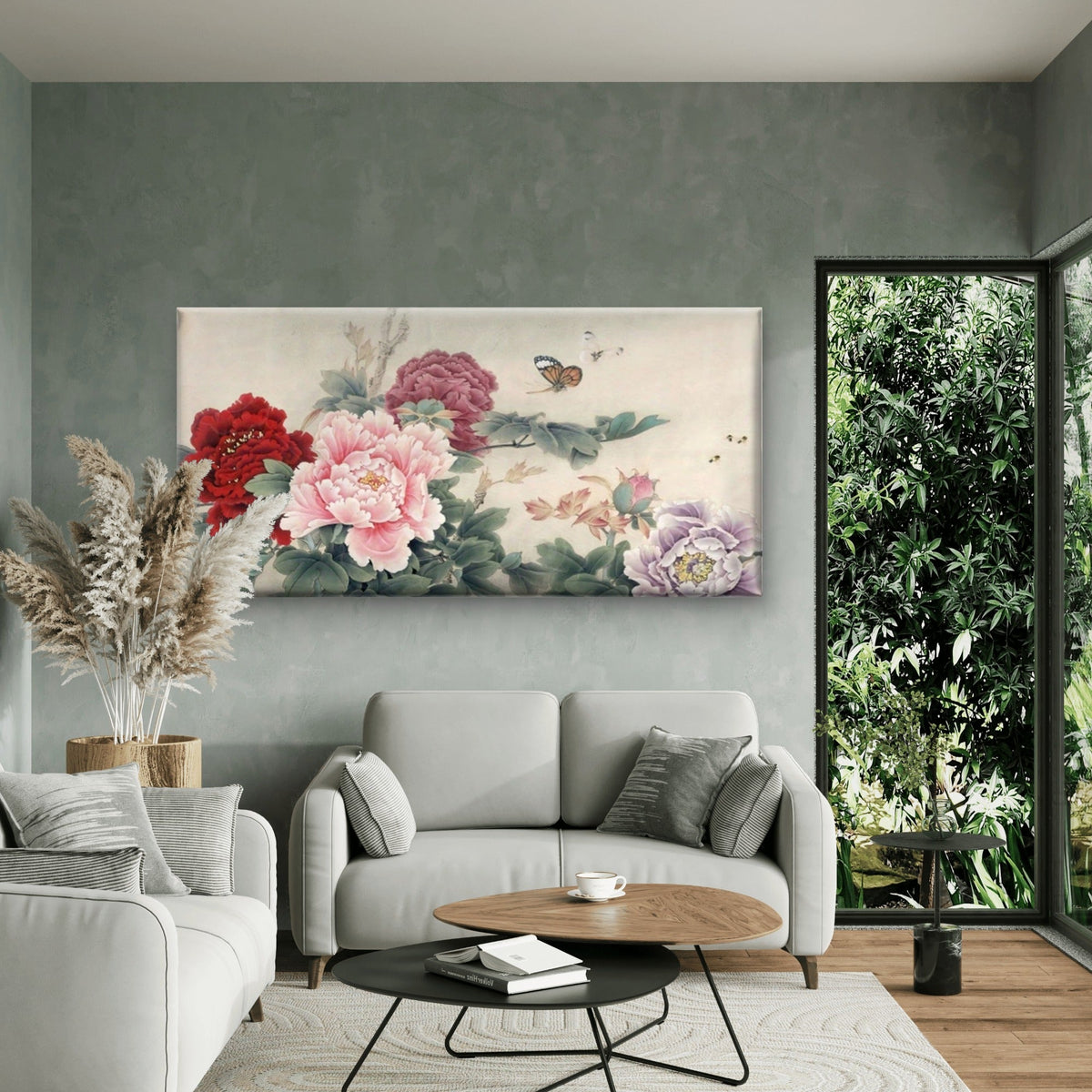 Peonies and Butterflies Chinese Wall Art Canvas Office Home Room Framed 120x60cm