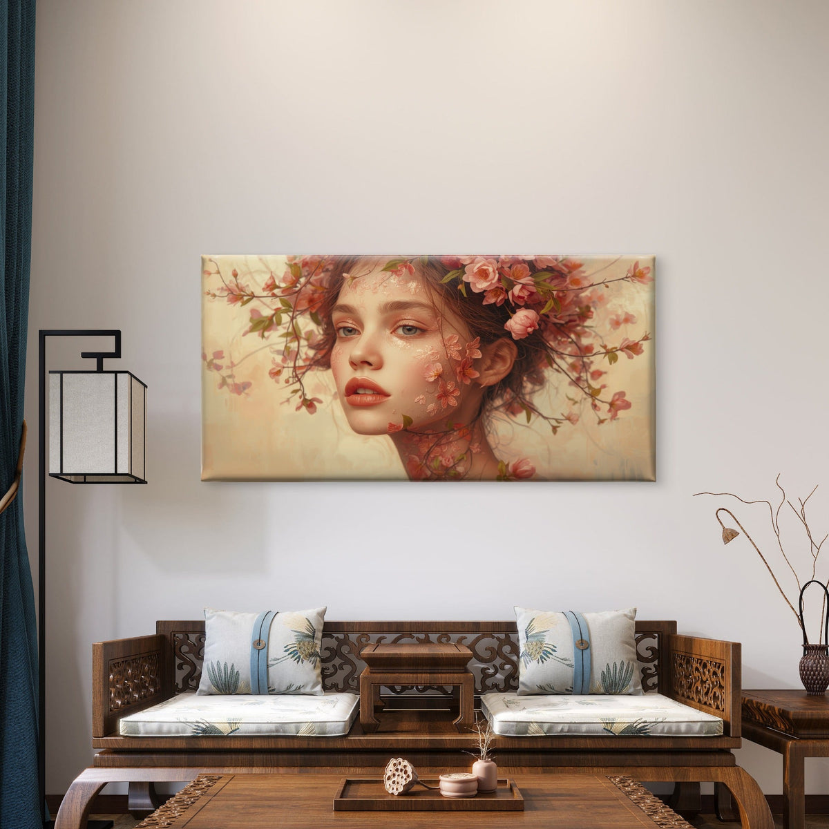 Pink Cherry Blossom Girl Face Wall Art Canvas Office Home Room Framed 120x60cm