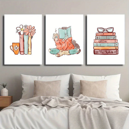3pcs Books and flowers graphic art Classic Design Metal Print Ready to Hang Art
