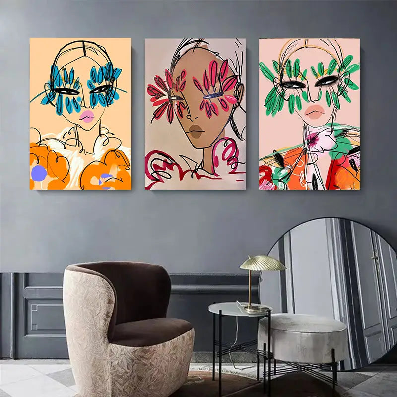 3pcs Abstract Flower Eyewear Contemporary Fashion Metal Print Ready to Hang Art