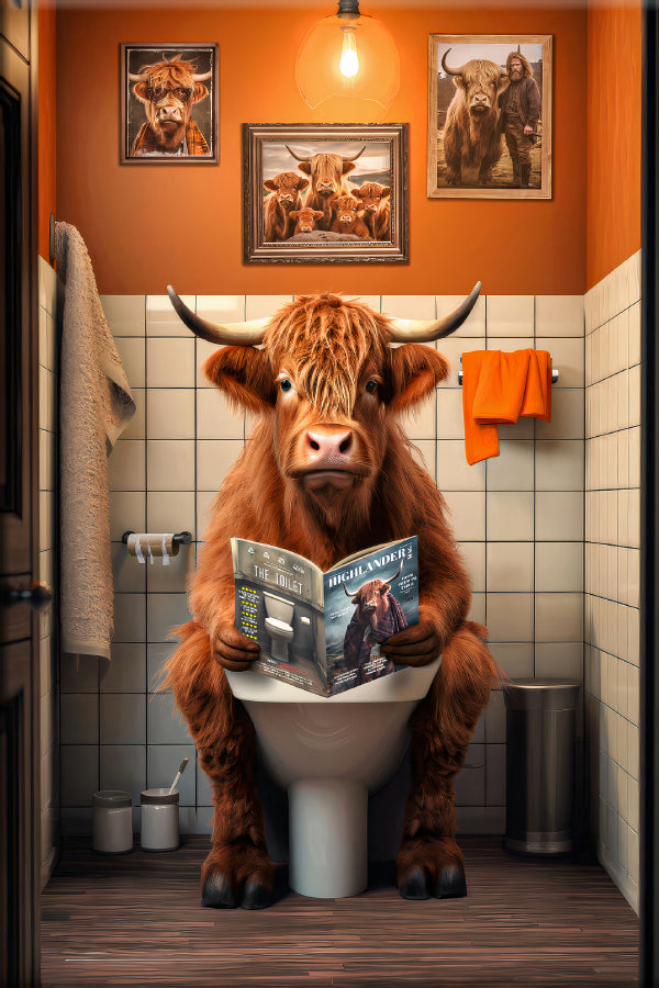 Cow On a Toilet Reading Magazine Print 100% Australian Made 40x60cm Stretched Canvas Ready to Hang