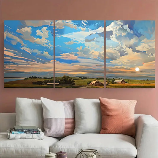 3pcs Farm Sunset Clouds Blue Sky Metal Print Ready to Hang Art