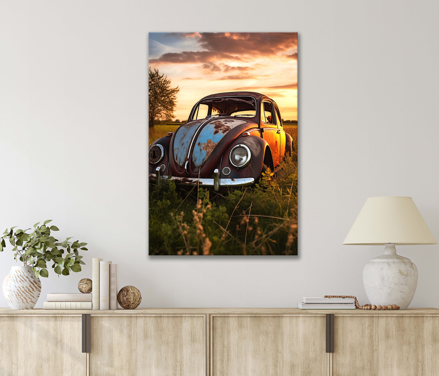 An Old Rusty Car Sits Quietly in A Field, Sunset Evening Print 100% Australian Made 40x60cm Stretched Canvas Ready to Hang