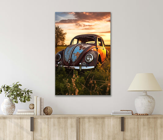 An Old Rusty Car Sits Quietly in A Field, Sunset Evening Print 100% Australian Made 40x60cm Stretched Canvas Ready to Hang