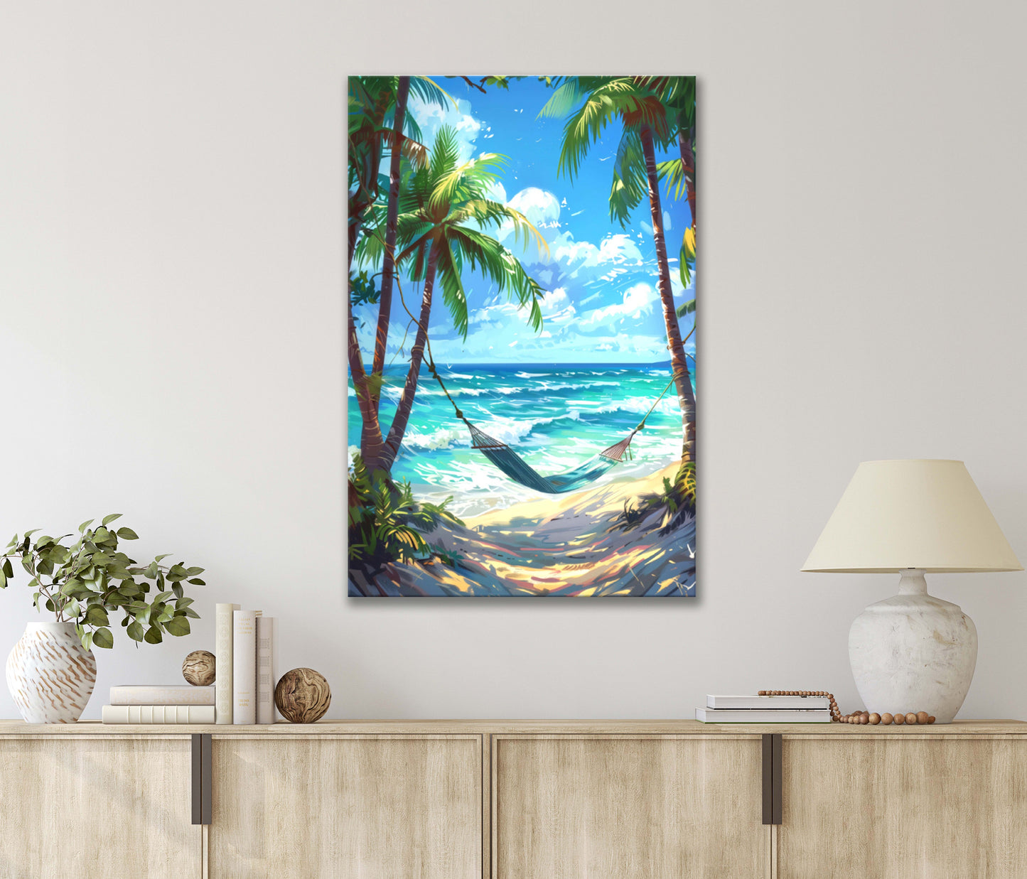 Swinging Gently in A Hammock on A Beach with Palm Trees Print 100% Australian Made 40x60cm Stretched Canvas Ready to Hang