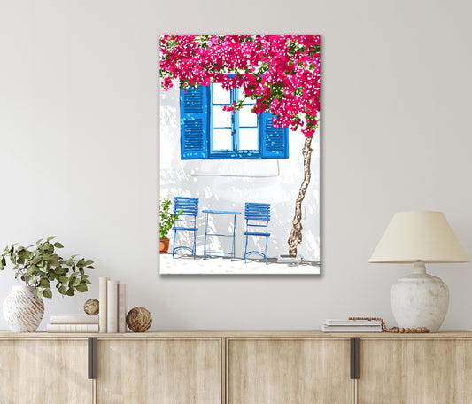 Painting Of A Window Under The Shaded Pink Tree Print 100% Australian Made 40x60cm Stretched Canvas Ready to Hang