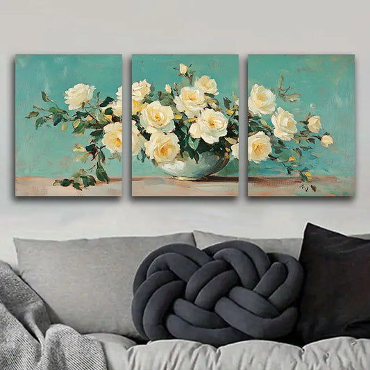 3pcs White Roses in Vase Painting Metal Print Ready to Hang Art