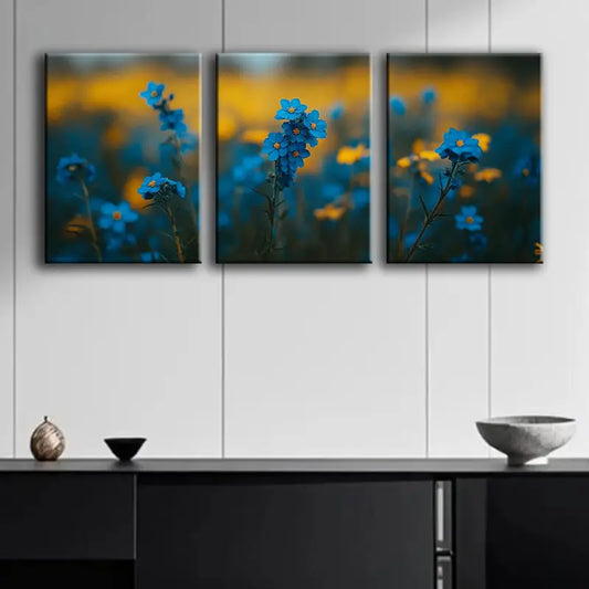 3pcs Blue and Yellow Wildflowers Photograph Metal Print Ready to Hang Art