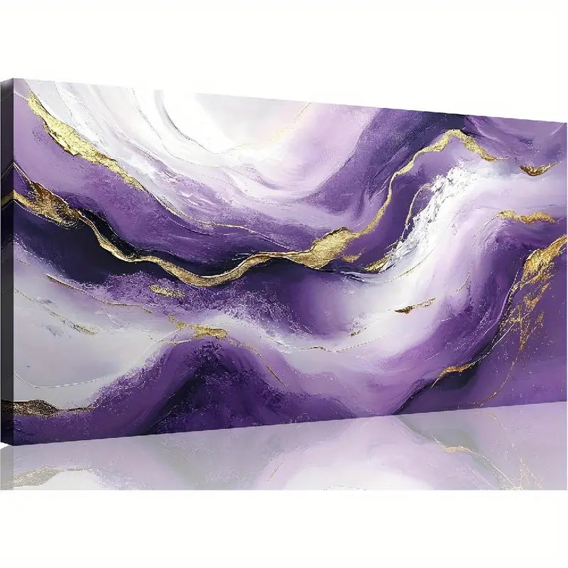 Purple & Golden Waves Abstract Wall Art canvas office home room framed 120x60cm