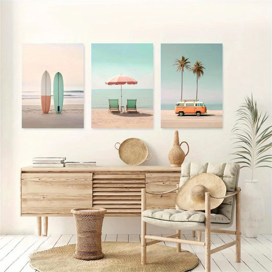 3pcs Surf Beach Pastel Summer Classic Design Metal Print Ready to Hang Art