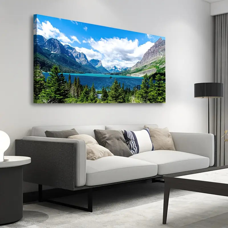 Saint Mary Lake Mountain Green Forest Blue Sky Wall Art canvas office home room framed 80x45cm