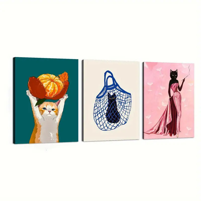 3pcs Ink Animal Cat Vibrant Design Abstract Metal Print Ready to Hang Art