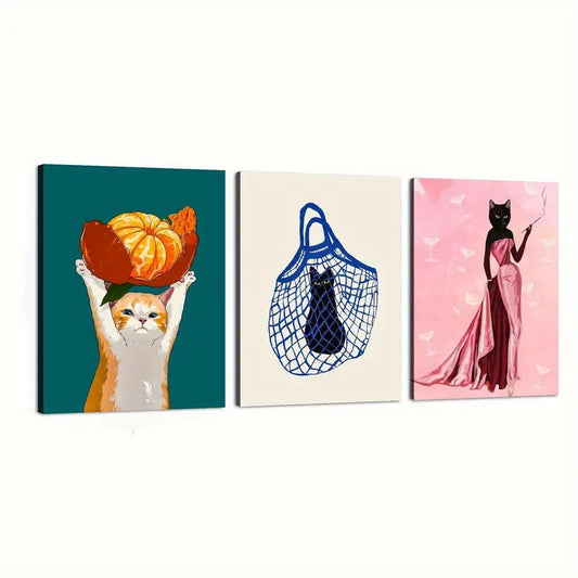 3pcs Ink Animal Cat Vibrant Design Abstract Metal Print Ready to Hang Art