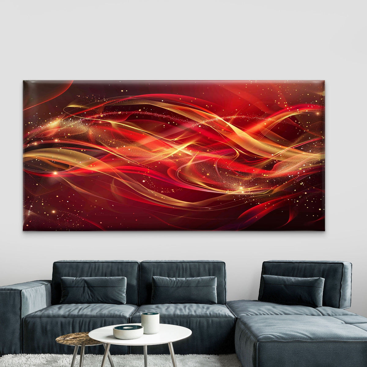 Red and Gold Swirl on Black Wall Art Canvas Office Home Room Framed 120x60cm
