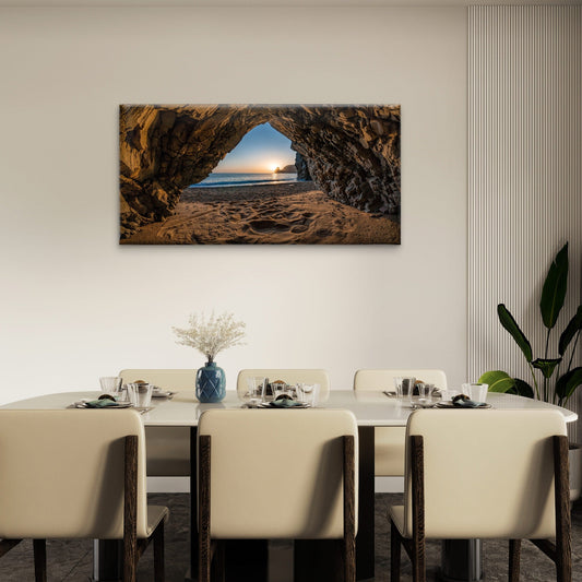 View From Stone Cave Sunset Sea Beach Wall Art Canvas Office Home Room Framed 80x45cm