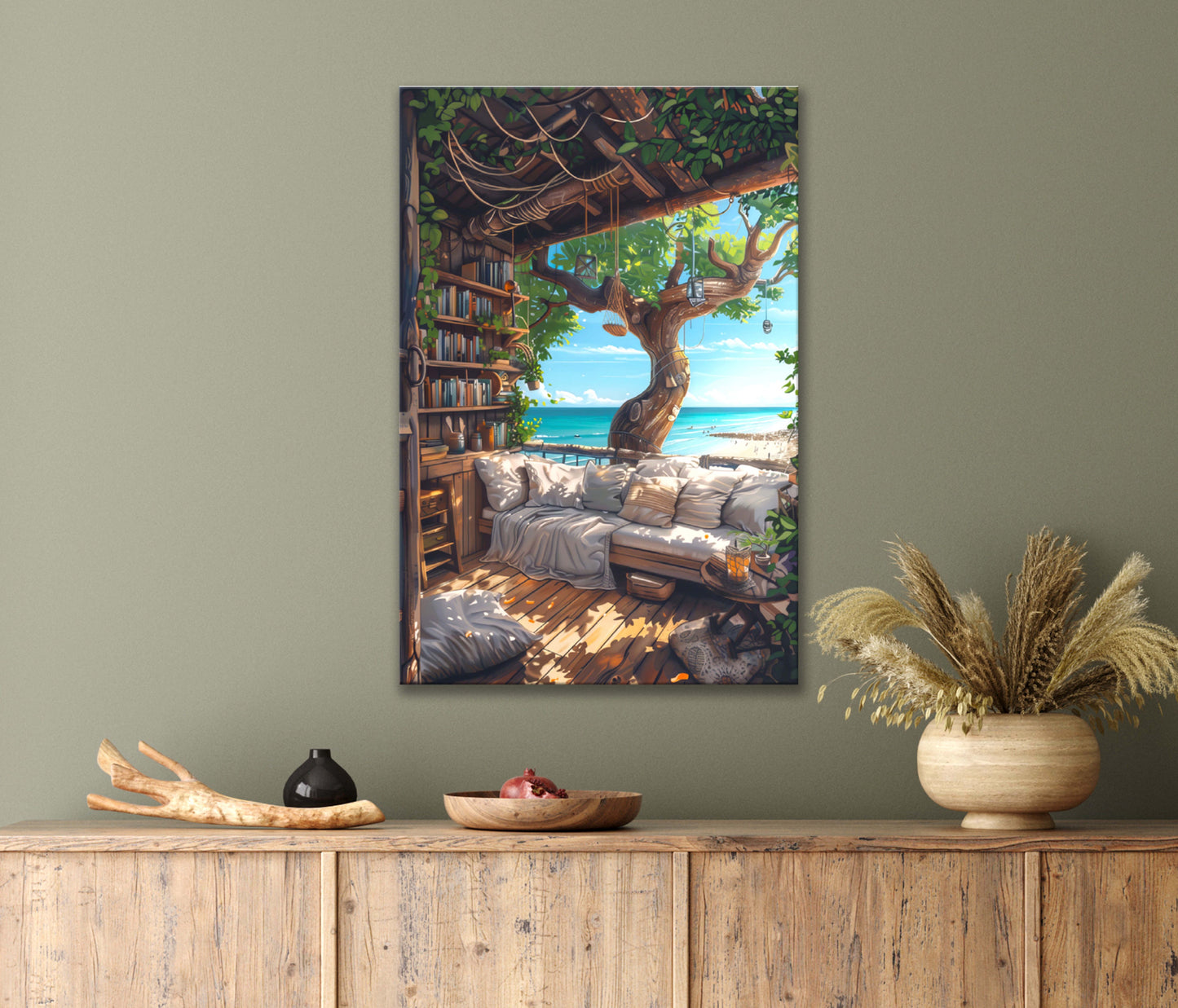 Peaceful Summer Beach Tree House with A Couch and A Tree Print 100% Australian Made 40x60cm Stretched Canvas Ready to Hang