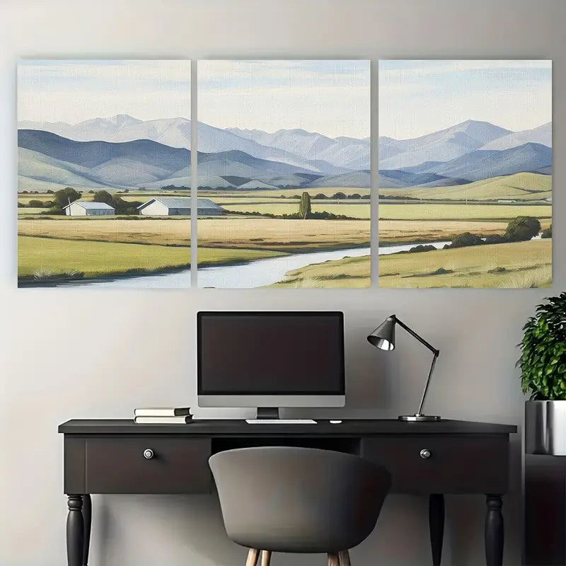 3pcs Open Field Mountains Painting Metal Print Ready to Hang Art