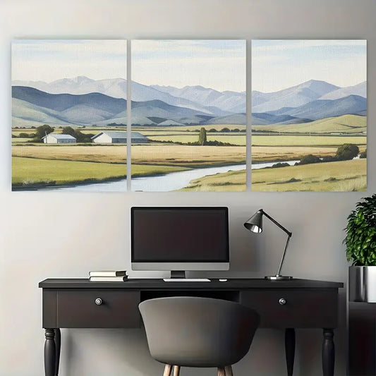 3pcs Open Field Mountains Painting Metal Print Ready to Hang Art