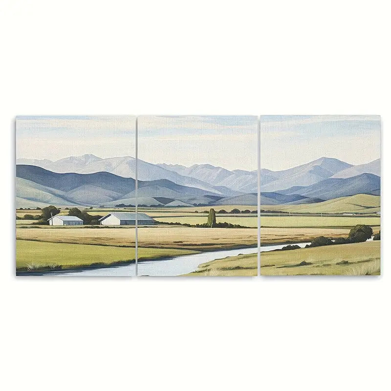 3pcs Open Field Mountains Painting Metal Print Ready to Hang Art