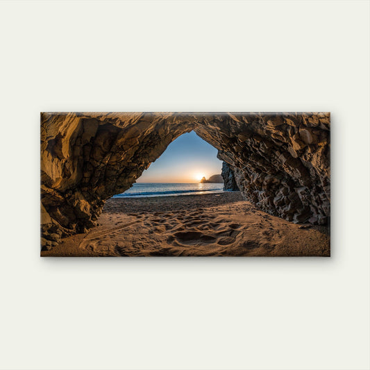 View From Stone Cave Sunset Sea Beach Wall Art Canvas Office Home Room Framed 80x45cm