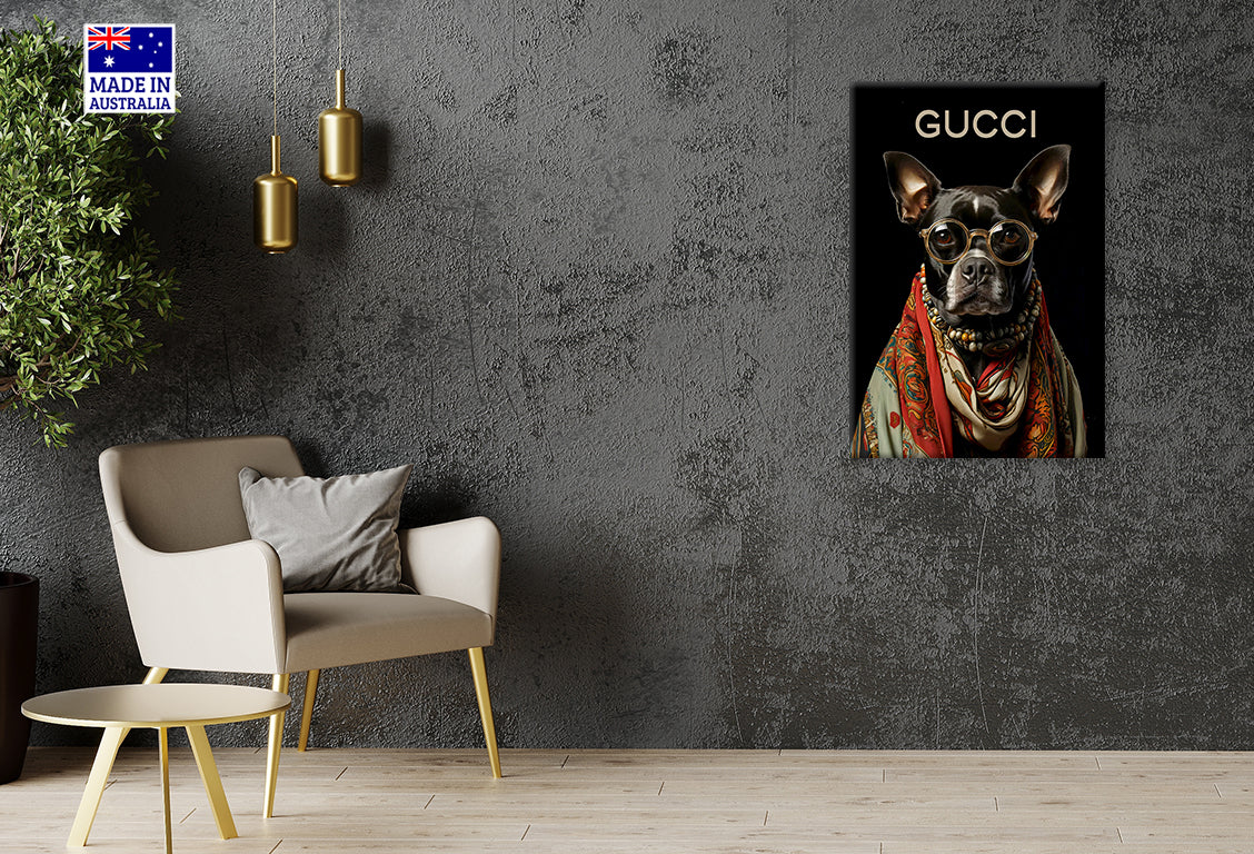 Dog Wearing Glasses and a Scarf Print 100% Australian Made 40x60cm Stretched Canvas Ready to Hang