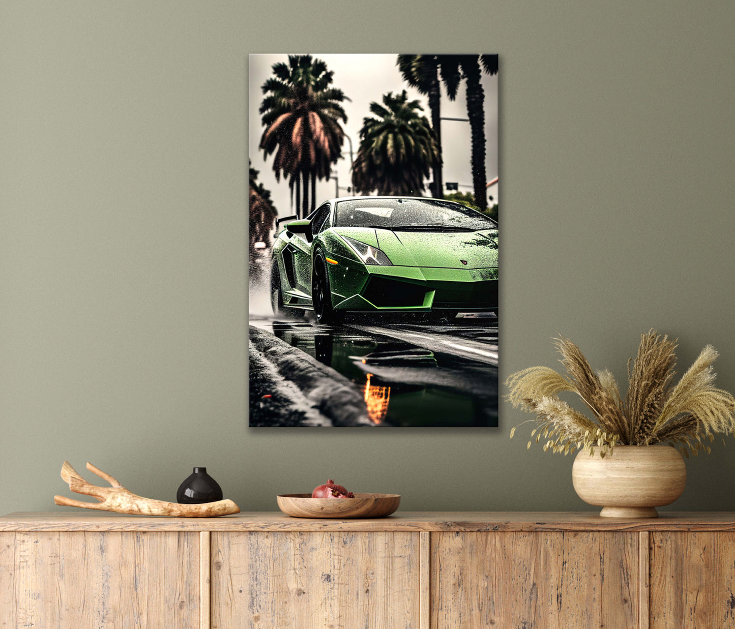 Sleek Green Sports Car Driving Down a Wet Street, Trees Print 100% Australian Made 40x60cm Stretched Canvas Ready to Hang