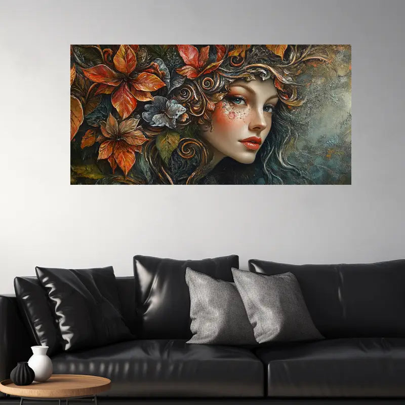Elegant Woman with Floral Hair & Red Leaf Tree Wall Art wall canvas office home room framed 120x60cm