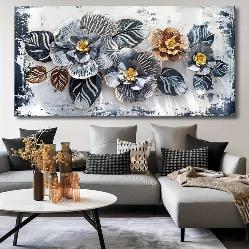 Abstract Elegant Flower Black & Golden Wall Art canvas office home room framed 120x60cm