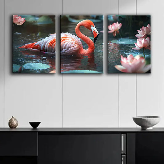 3pcs Flamingo and Lotus Flower Metal Print Ready to Hang Art