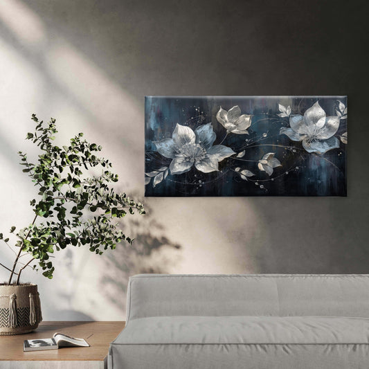 Silver Floral Metallic Blossom Wall Art Canvas Office Home Room Framed 80x45cm