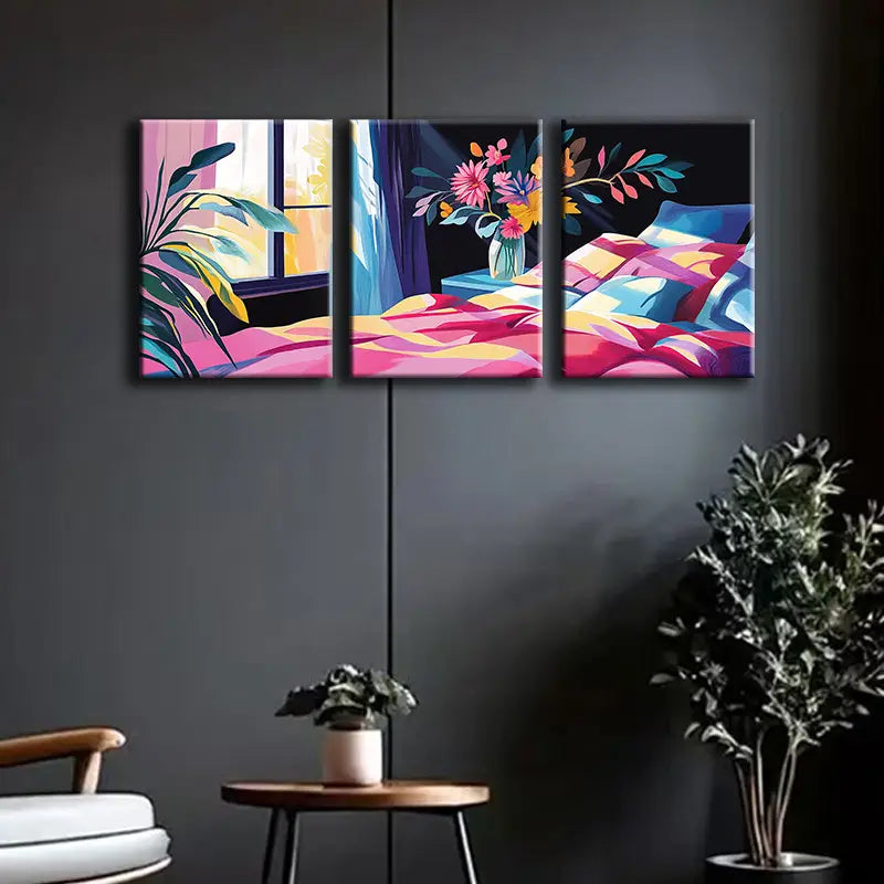 3pcs Illustration of Bedroom with Window Metal Print Ready to Hang Art