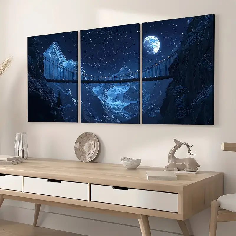 3pcs Modern Natural Mountain Night Scene Artworks Dark Wall Art Set Canvas Framed 40x60cm - High Quality Print 100% Australian Made Wall Canvas Ready to Hang