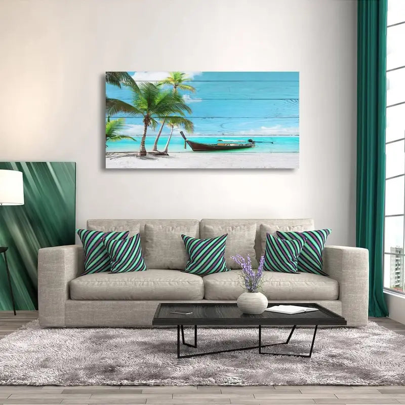 Vibrant Seascape Tropical Coconut Tree Ocean Wall Art canvas office home room framed 120x60cm