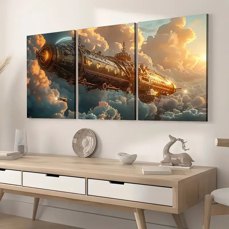 3pcs Steam Mechanical Flying Machine Abstract Art Flying Ship Wall Art Set Canvas Framed 40x60cm - High Quality Print 100% Australian Made Wall Canvas Ready to Hang