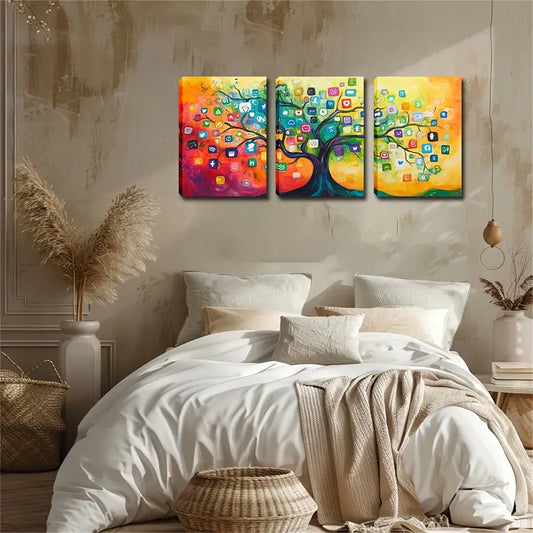 3pcs Vibrant Abstract Tree with Technology & Nature Elements Metal Print Ready to Hang Art