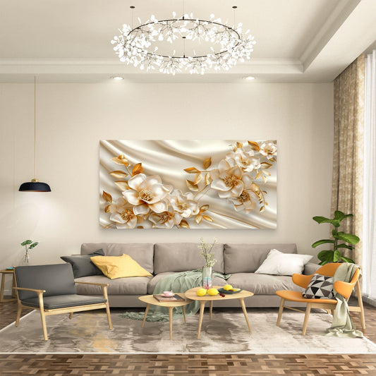 Golden Silken Floral Grace Wall Art Canvas Office Home Room Framed 80x45cm